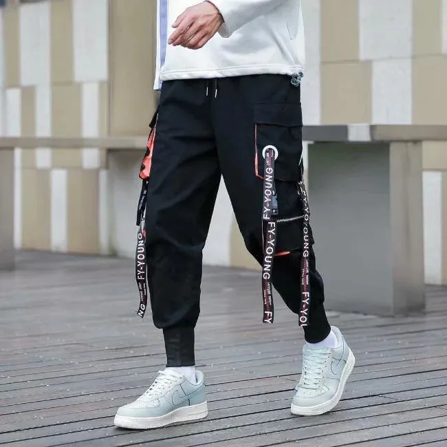 PANTALON CARGO NOIR DTAILS ORANGES