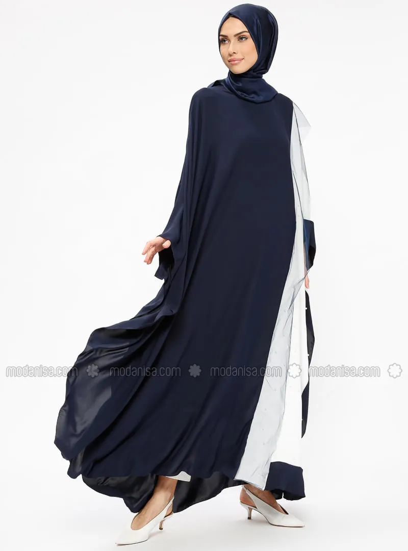 Pearl Detailed Abaya Navy Blue Ecru
